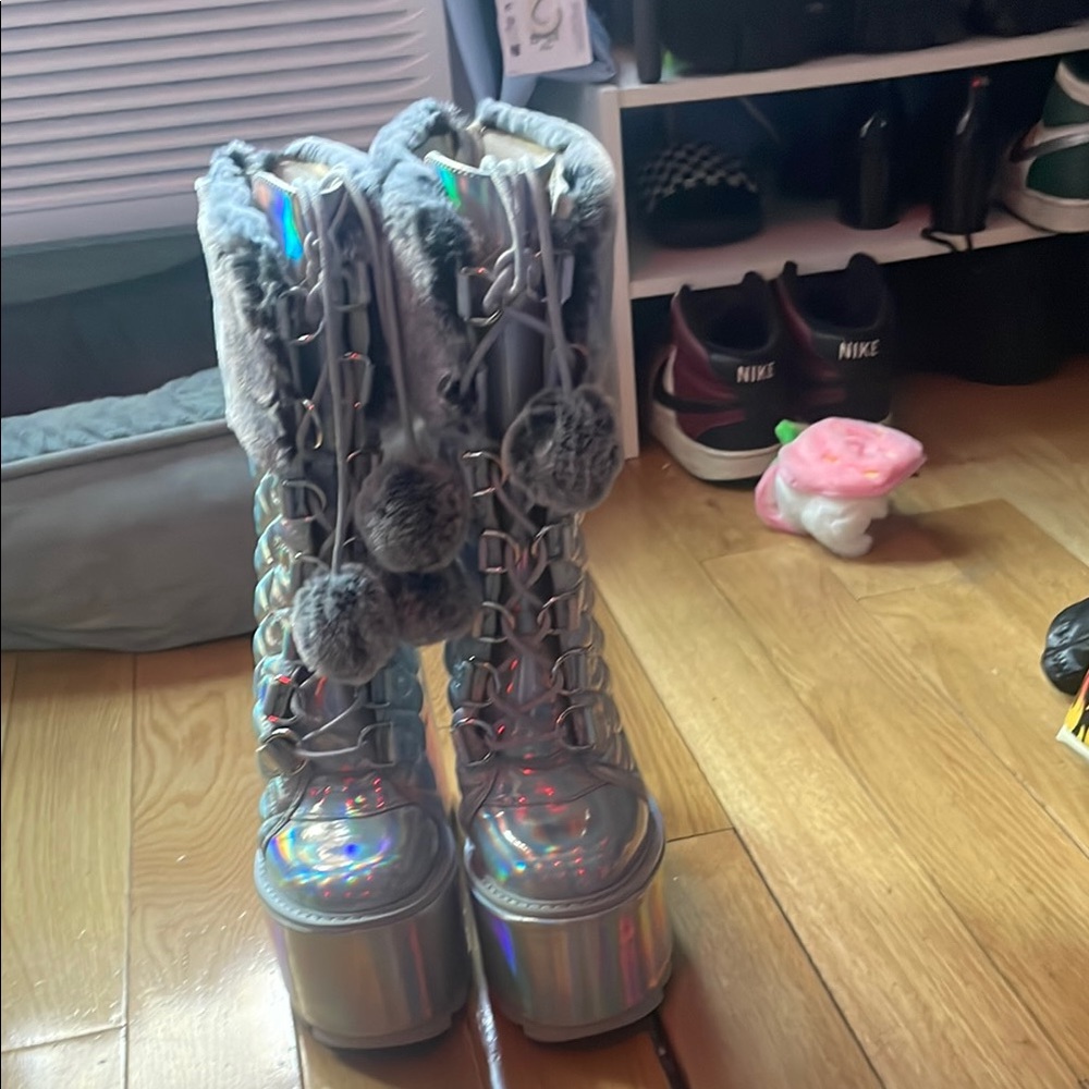 YRU Holographic Platform Boots with Faux Fur